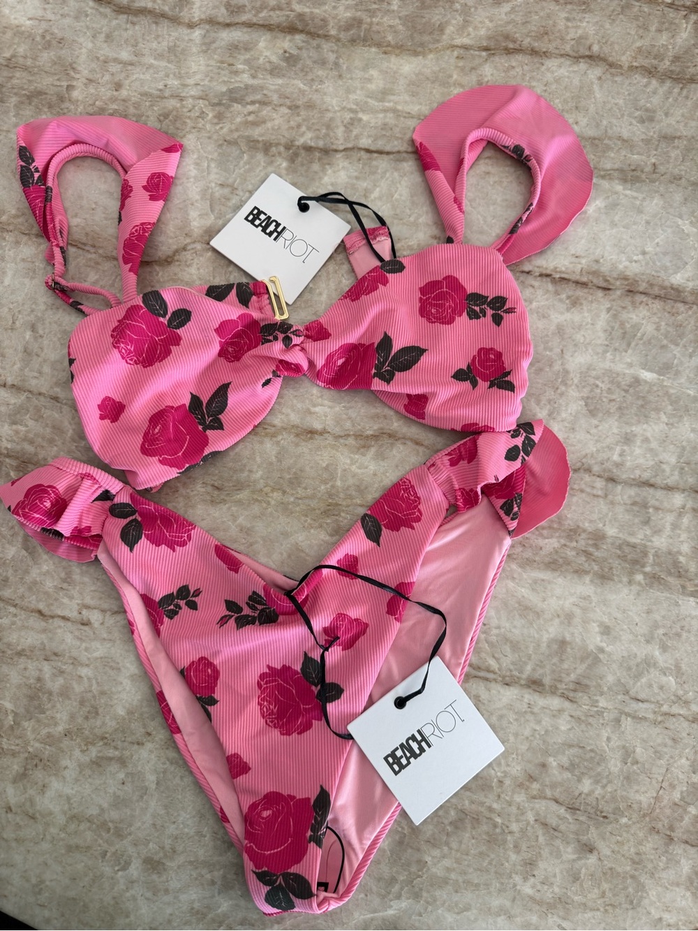 Beach Riot Pink Rose Print Bandeau Bikini Set